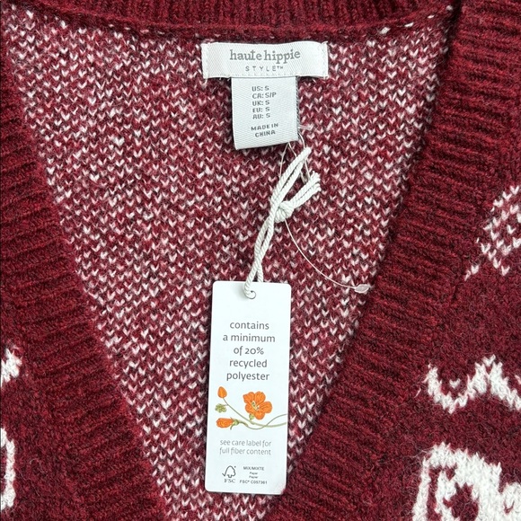 Haute Hippie | NWT Burgundy Sweater Cardigan with Deer Pattern Sz Small - Picture 6 of 12